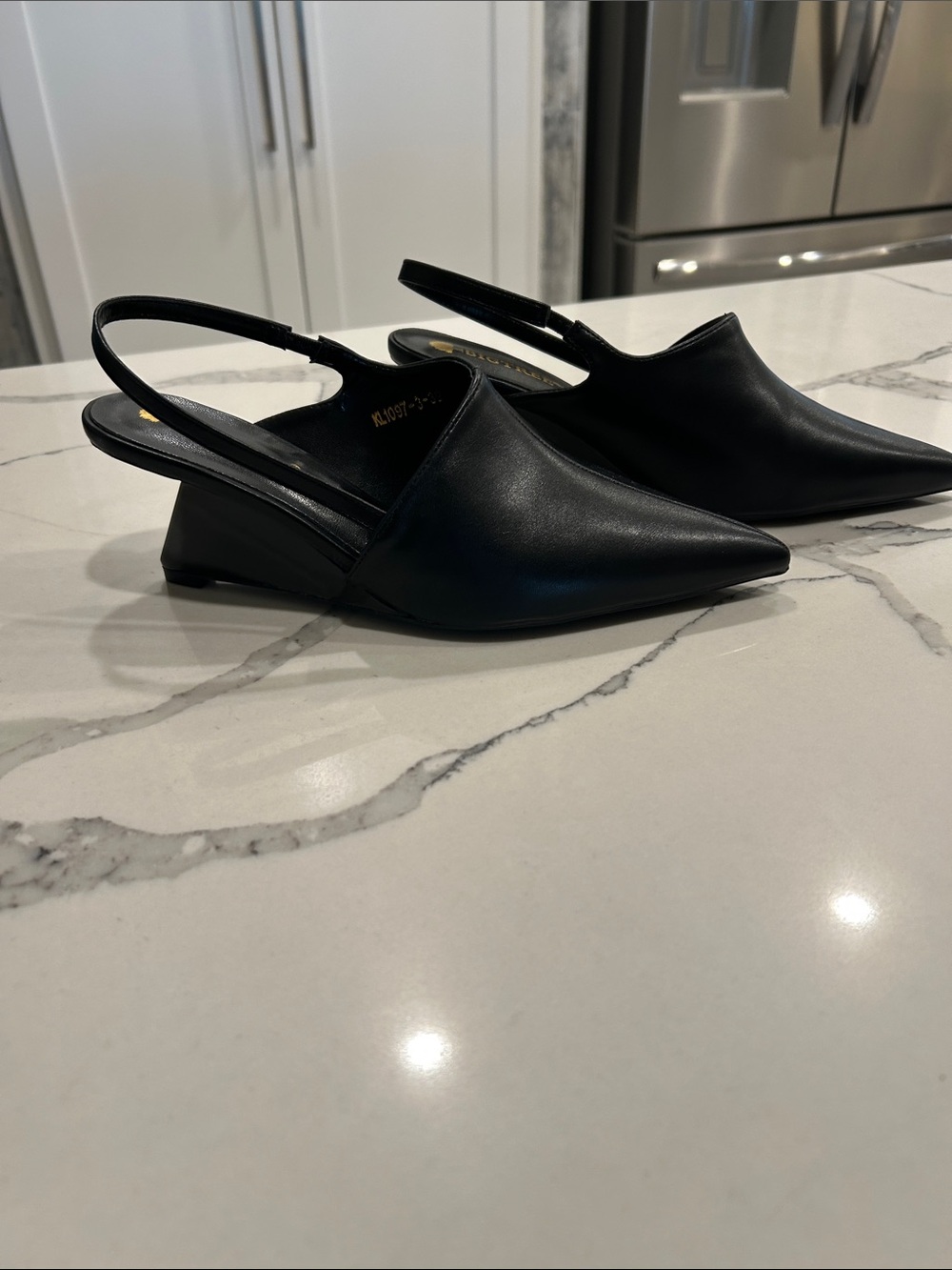 Pointed Black Slingback Wedge Mules